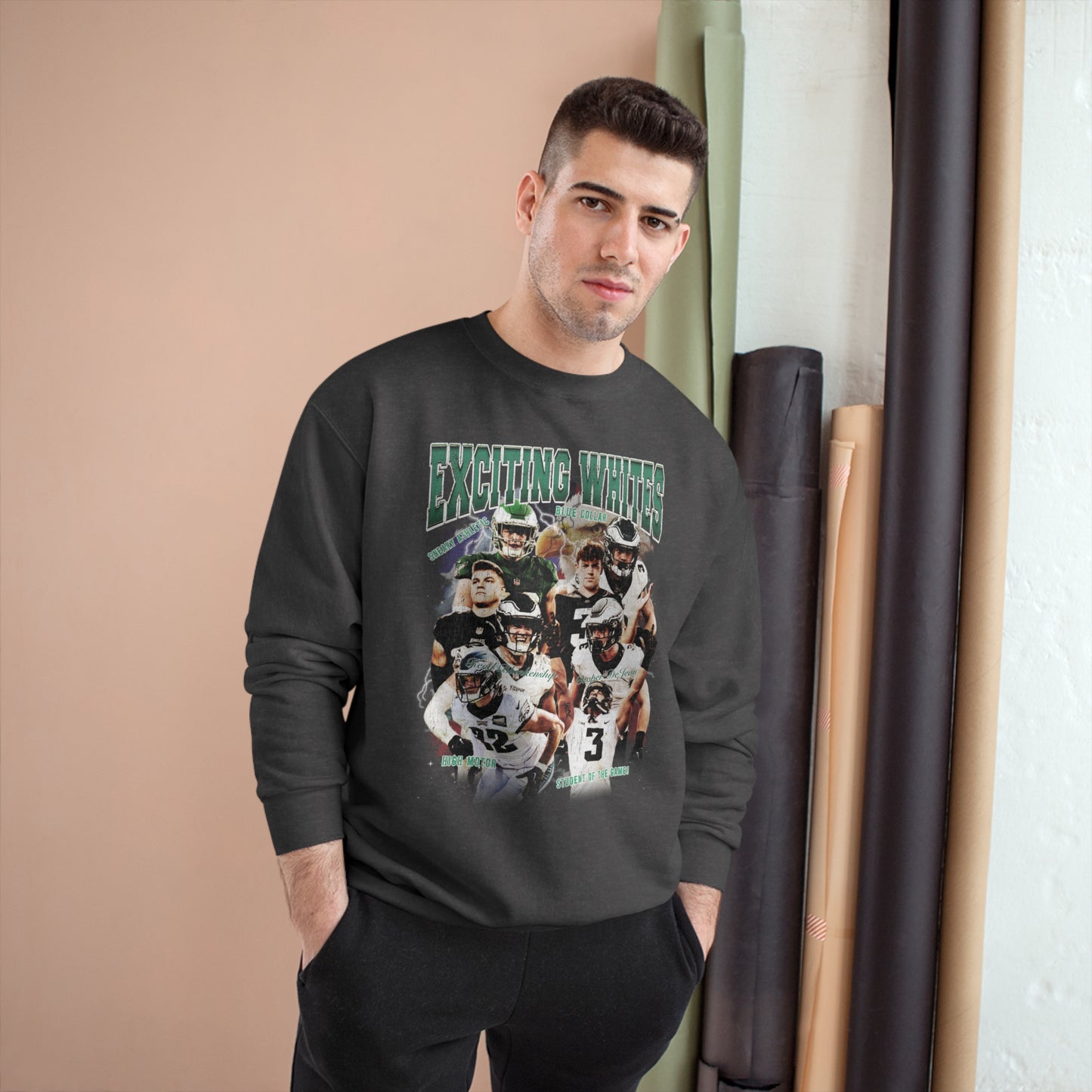 "Exciting Whites" - Reed Blankenship & Cooper DeJean Eagles: Champion Crewneck Sweatshirt