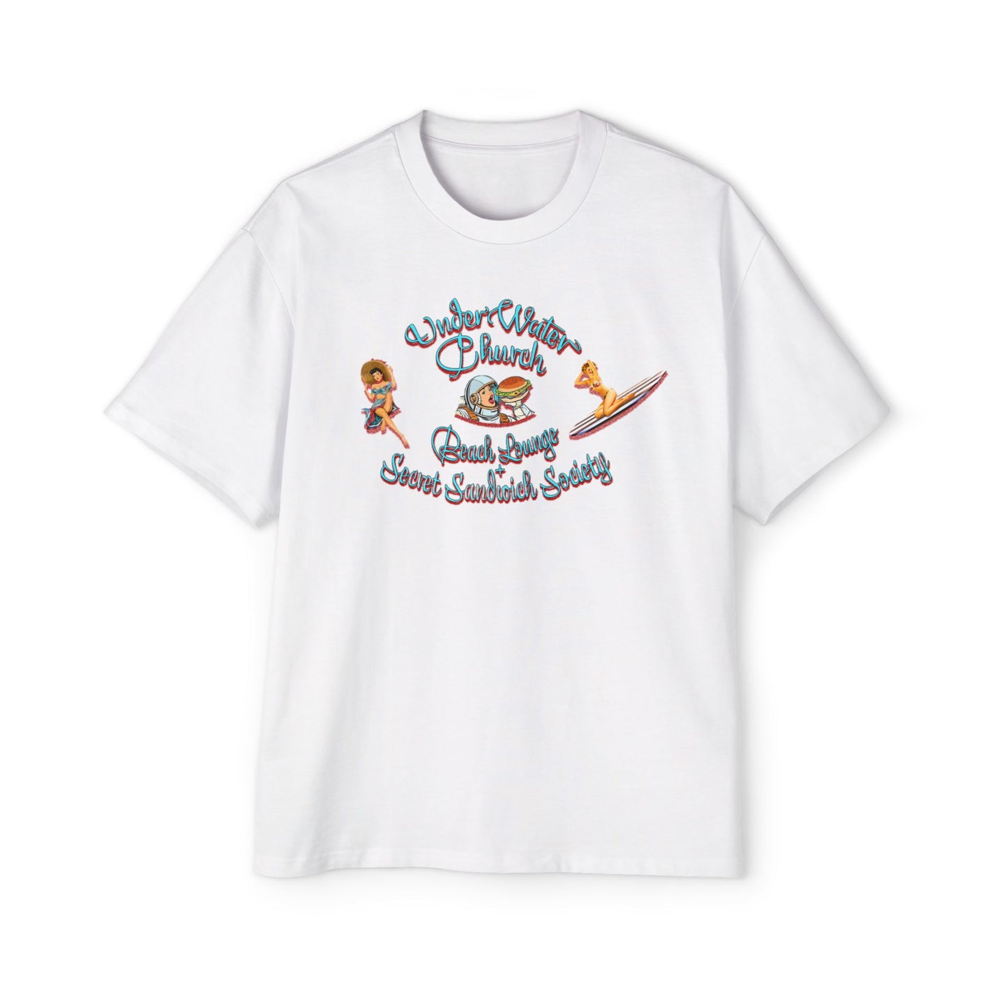 Underwater Church Beach Lounge and Secret Sammy Society: Men's Heavy Oversized Tee