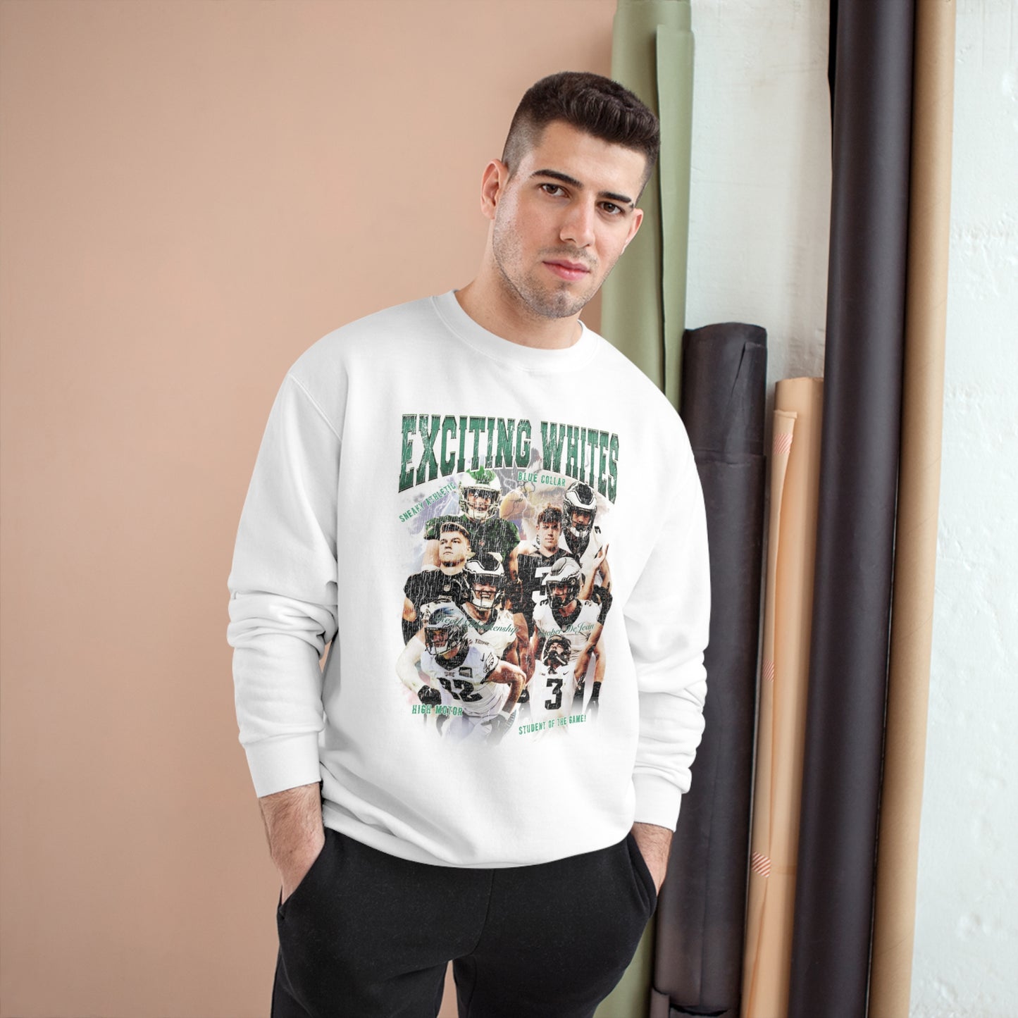 "Exciting Whites" - Reed Blankenship & Cooper DeJean Eagles: Champion Crewneck Sweatshirt