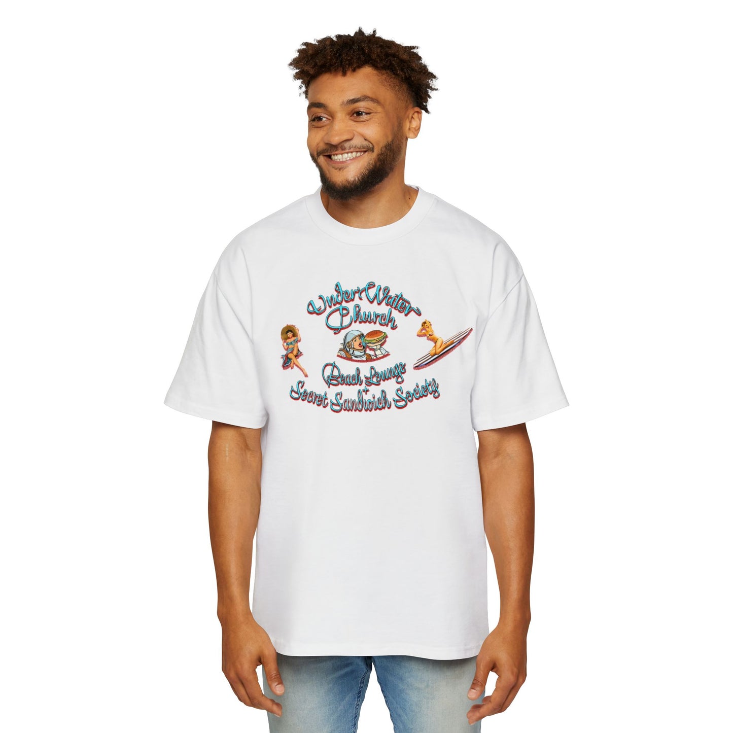 Underwater Church Beach Lounge and Secret Sammy Society: Men's Heavy Oversized Tee