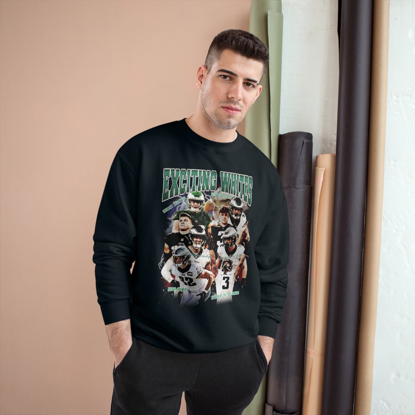 "Exciting Whites" - Reed Blankenship & Cooper DeJean Eagles: Champion Crewneck Sweatshirt