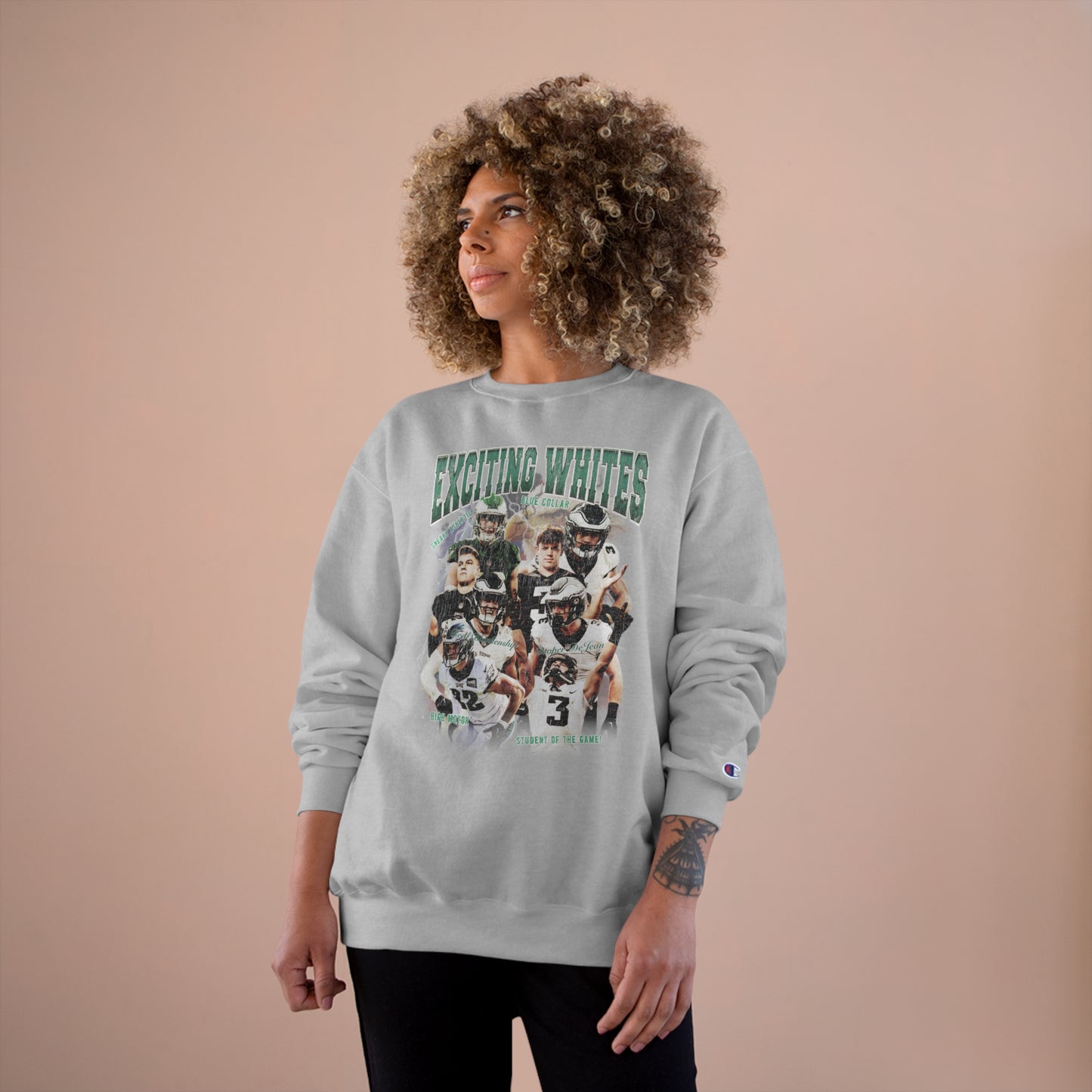 "Exciting Whites" - Reed Blankenship & Cooper DeJean Eagles: Champion Crewneck Sweatshirt